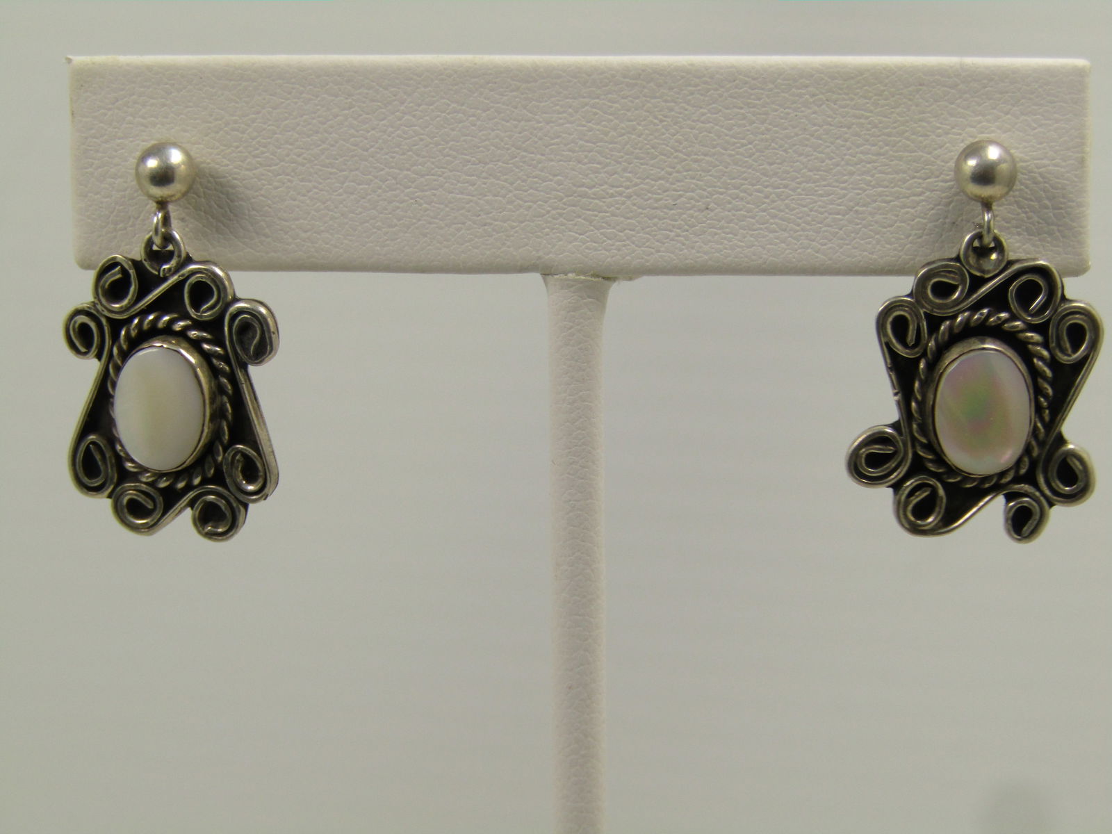 Vintage Sterling Mother-of-Pearl Earrings, Shadowbox, Pierced, 1970's, 1980's - 3