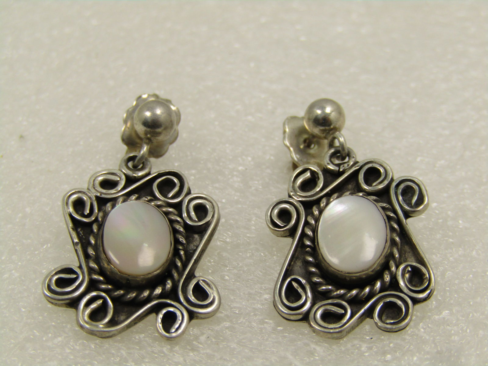 Vintage Sterling Mother-of-Pearl Earrings, Shadowbox, Pierced, 1970's, 1980's - 5