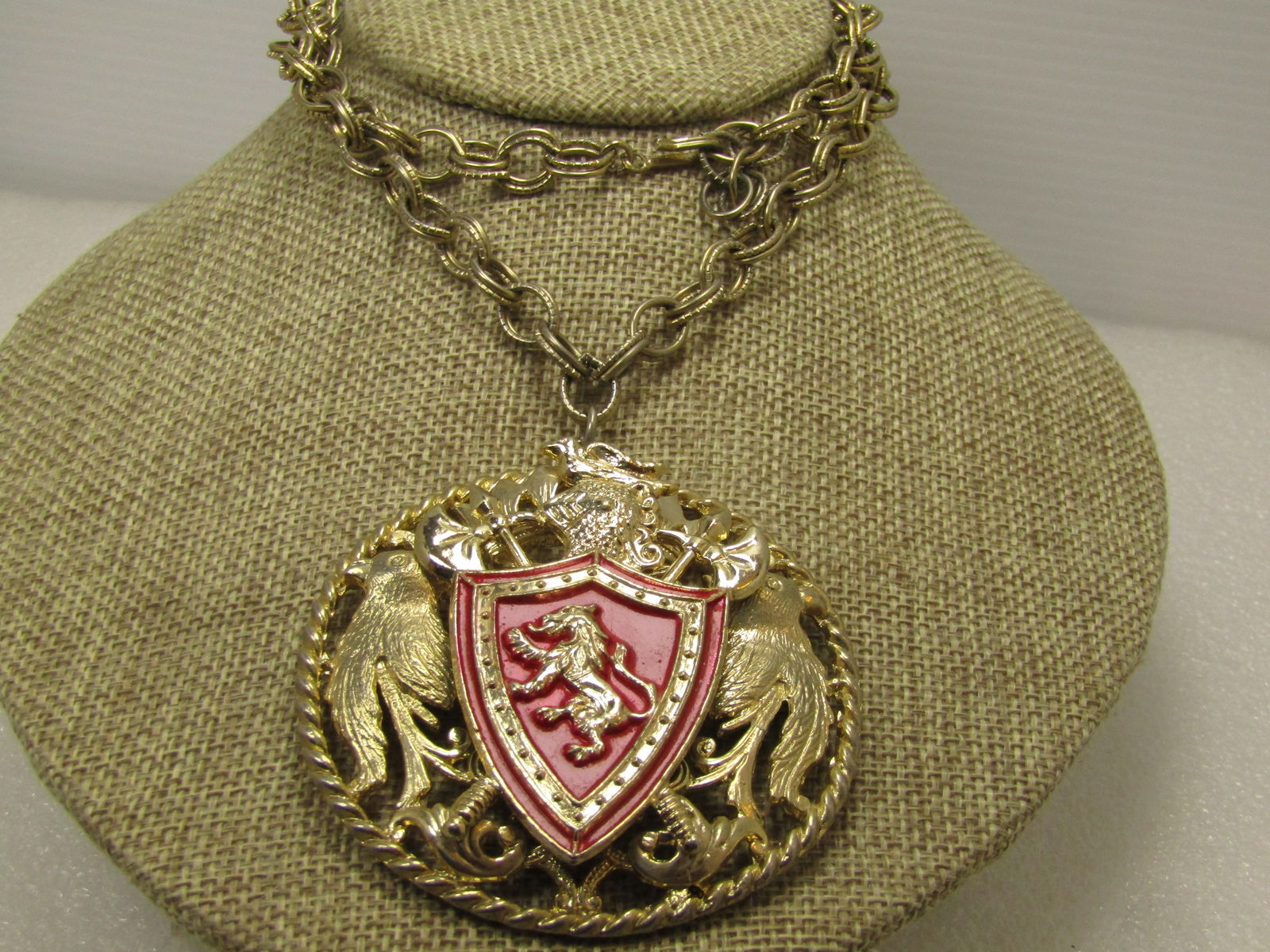 Vintage Enameled Lion Shield Medallion Necklace, 24", 2.5" 1960's-1970's (1 of 7)