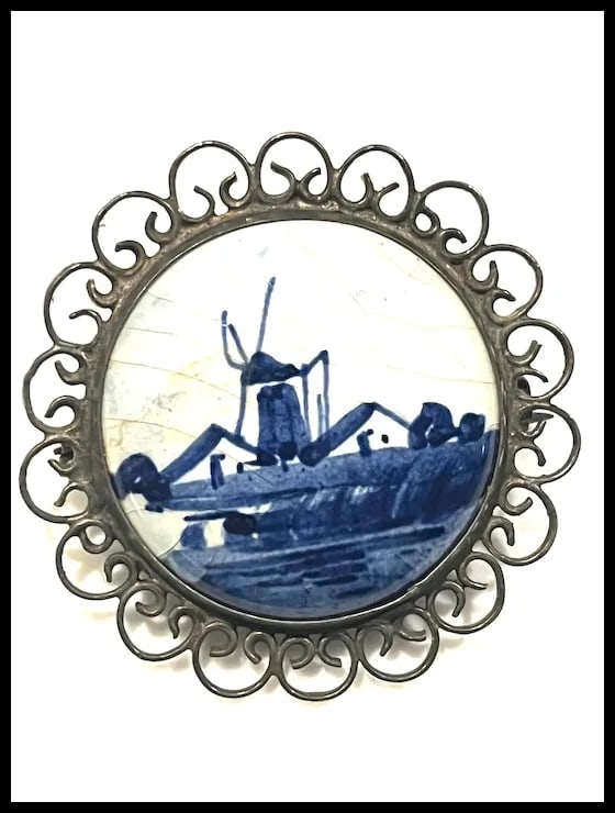 Vintage Delft Holland Windmill 835 Silver Hand Painted Booch - 2