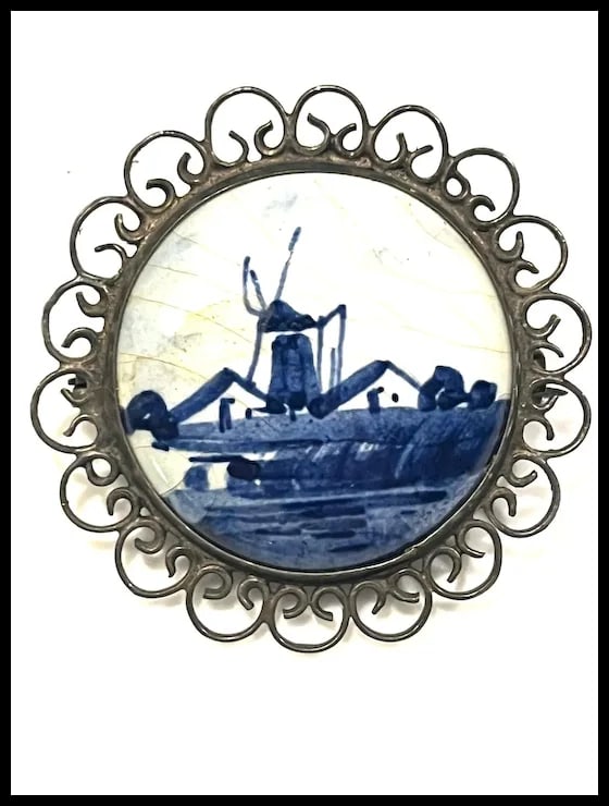 Vintage Delft Holland Windmill 835 Silver Hand Painted Booch - 3