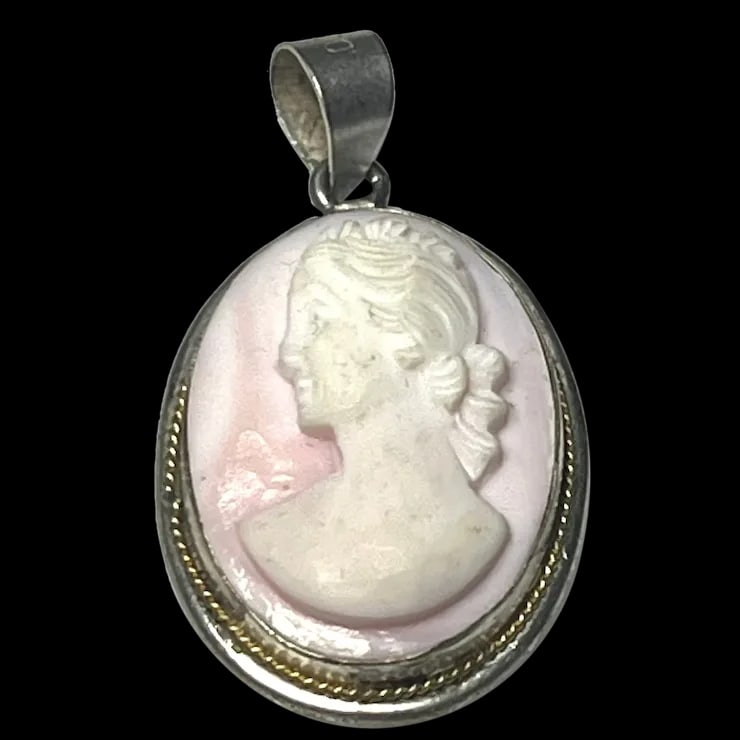 Vintage Silver 800 Pink Shell Cameo Pendant (1 of 7)