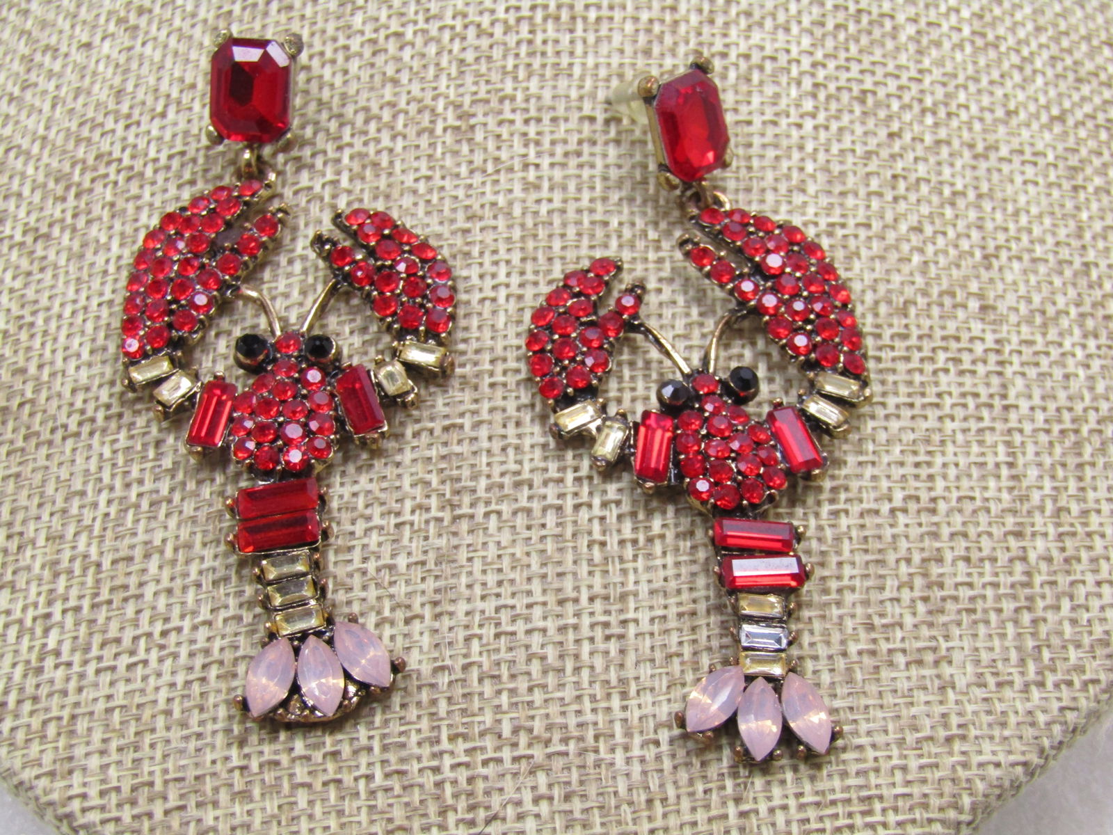 Red & Clear Rhinestone Lobster Earrings, Pierced, 3", 1990's (1 of 5)