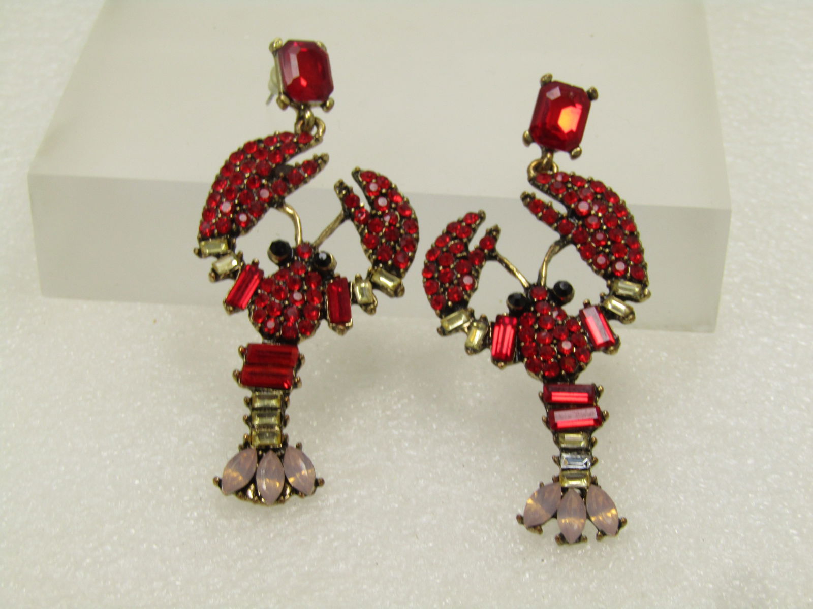 Red & Clear Rhinestone Lobster Earrings, Pierced, 3", 1990's - 2