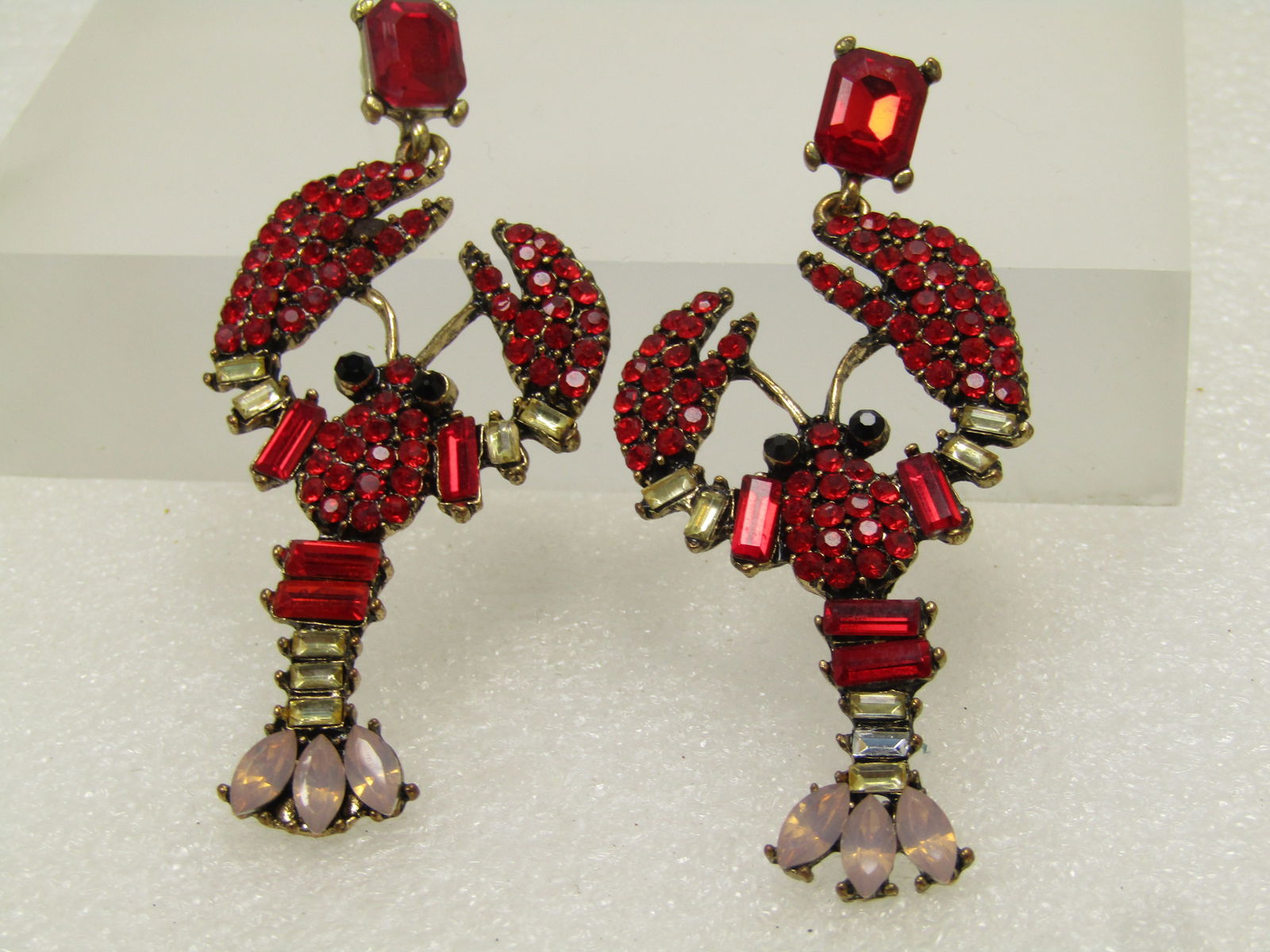 Red & Clear Rhinestone Lobster Earrings, Pierced, 3", 1990's - 3