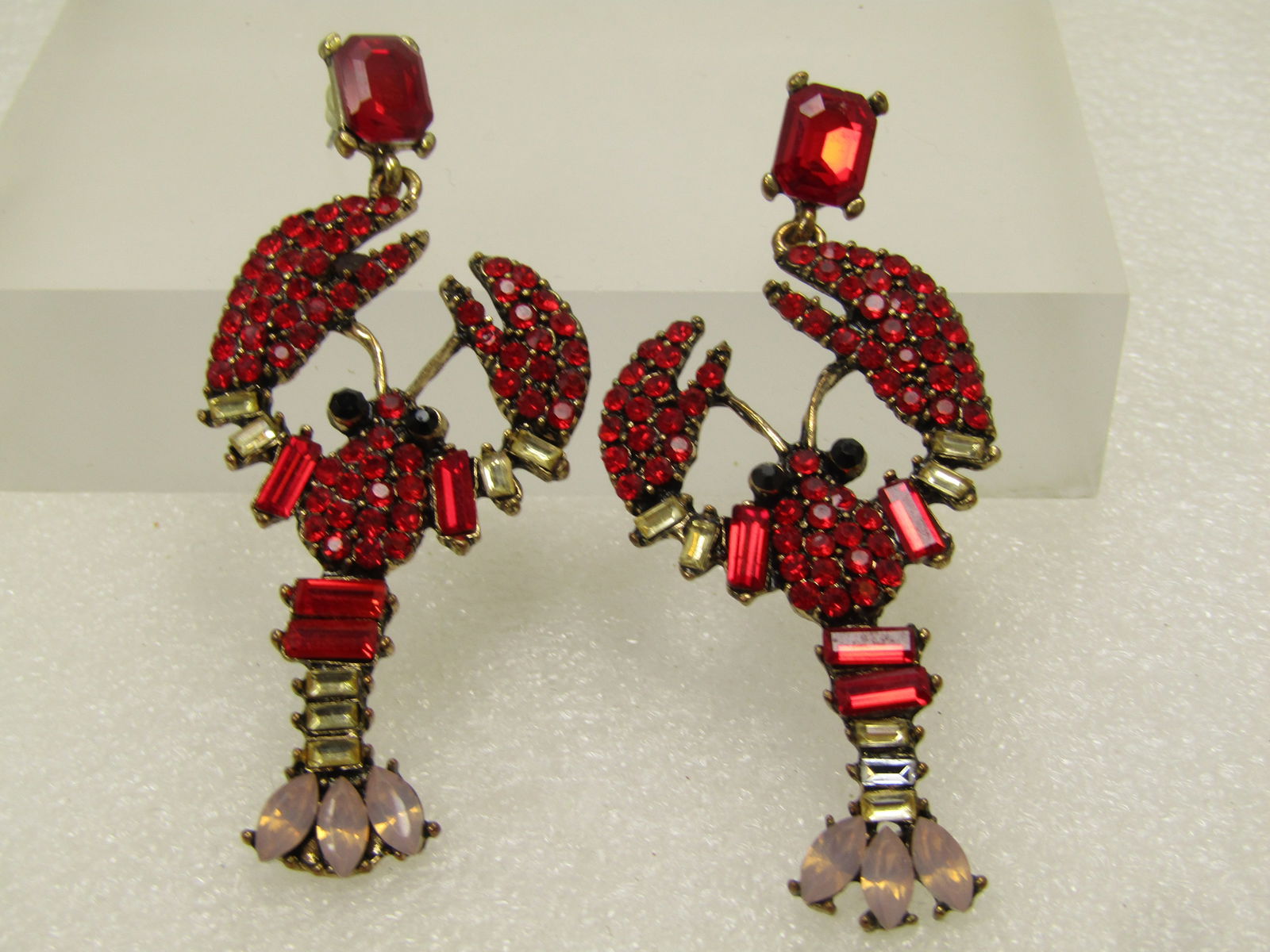 Red & Clear Rhinestone Lobster Earrings, Pierced, 3", 1990's - 4