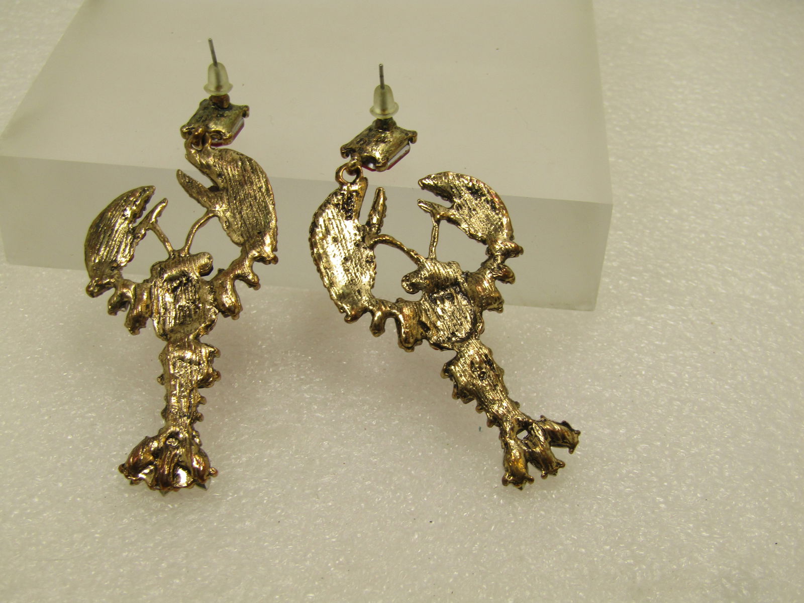 Red & Clear Rhinestone Lobster Earrings, Pierced, 3", 1990's - 5