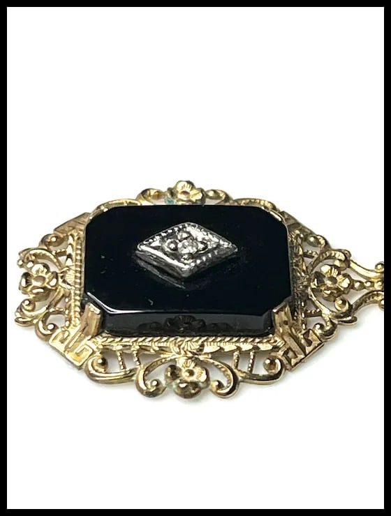 Victorian 14k GF Pendant with Diamond Center & Onyx Charm - 10