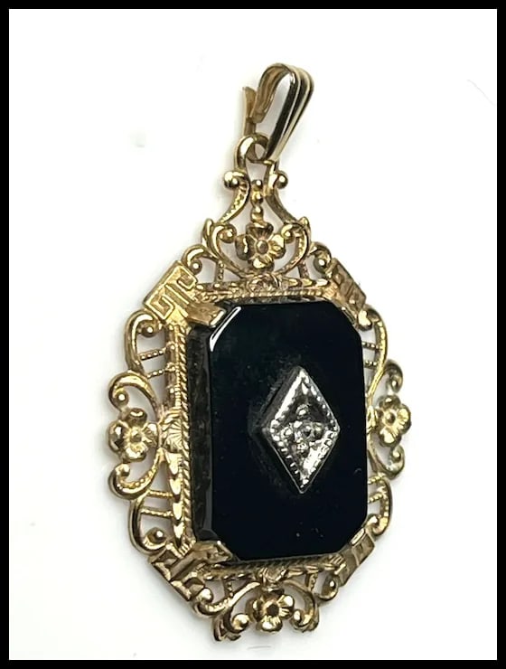 Victorian 14k GF Pendant with Diamond Center & Onyx Charm - 11