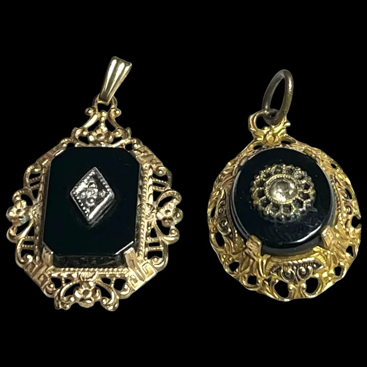 Victorian 14k GF Pendant with Diamond Center & Onyx Charm (1 of 12)