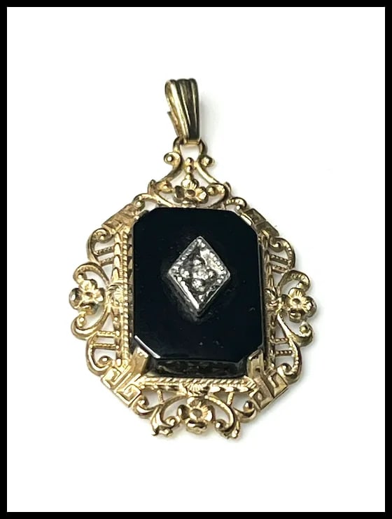 Victorian 14k GF Pendant with Diamond Center & Onyx Charm - 8