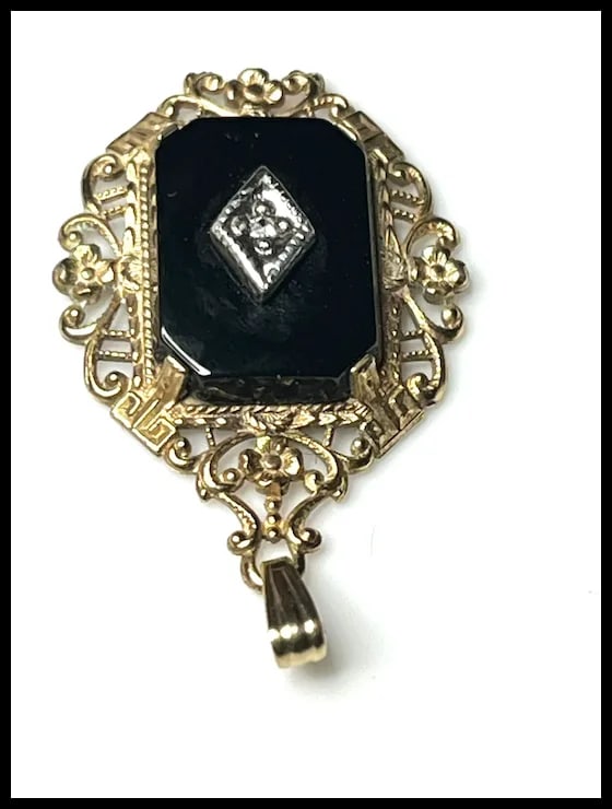 Victorian 14k GF Pendant with Diamond Center & Onyx Charm - 9