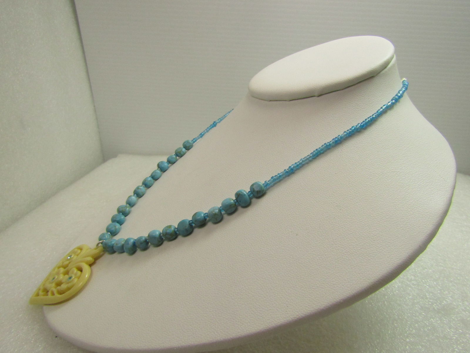 Vintage Faux Turquoise White Heart Necklace/Blue Rhinestones, Signed Avon, 1980's-1990's, 16"-19" - 2