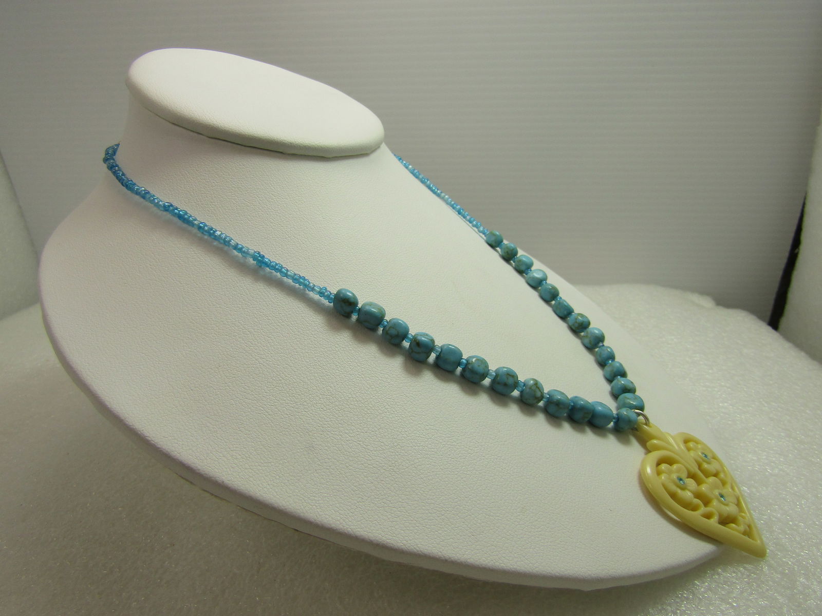 Vintage Faux Turquoise White Heart Necklace/Blue Rhinestones, Signed Avon, 1980's-1990's, 16"-19" - 3