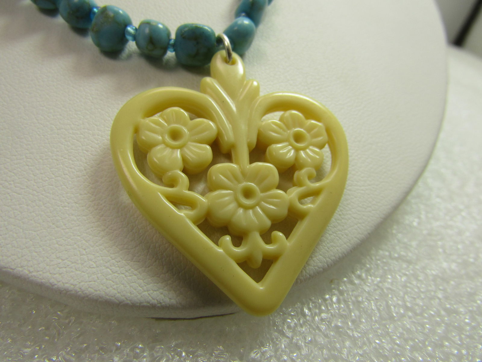 Vintage Faux Turquoise White Heart Necklace/Blue Rhinestones, Signed Avon, 1980's-1990's, 16"-19" - 4