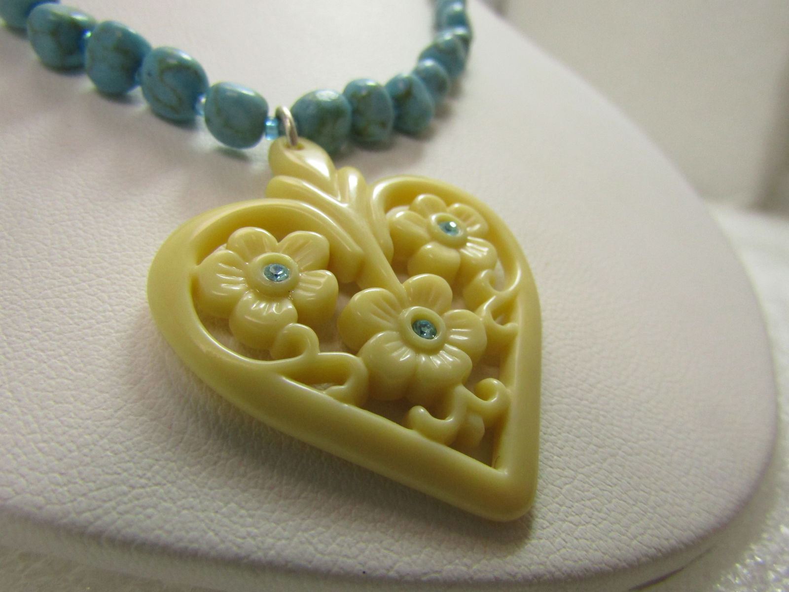 Vintage Faux Turquoise White Heart Necklace/Blue Rhinestones, Signed Avon, 1980's-1990's, 16"-19" - 5