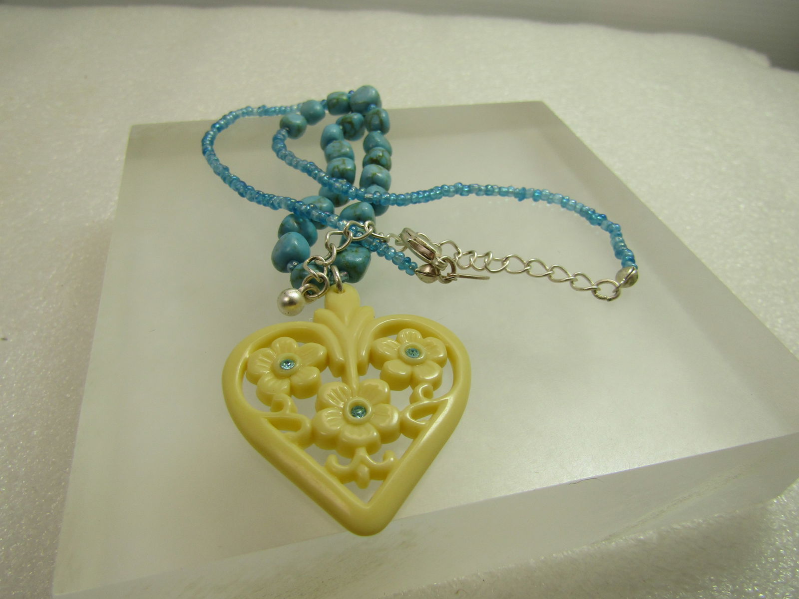 Vintage Faux Turquoise White Heart Necklace/Blue Rhinestones, Signed Avon, 1980's-1990's, 16"-19" - 8