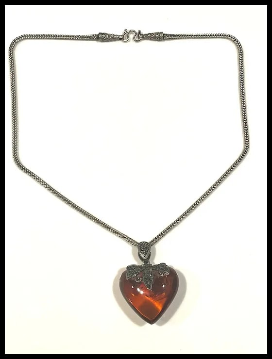 Vintage Sterling Silver Double Sided Marcasite Big Puffy Baltic Amber Heart Pendant/Necklace - 2
