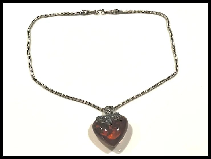 Vintage Sterling Silver Double Sided Marcasite Big Puffy Baltic Amber Heart Pendant/Necklace - 3