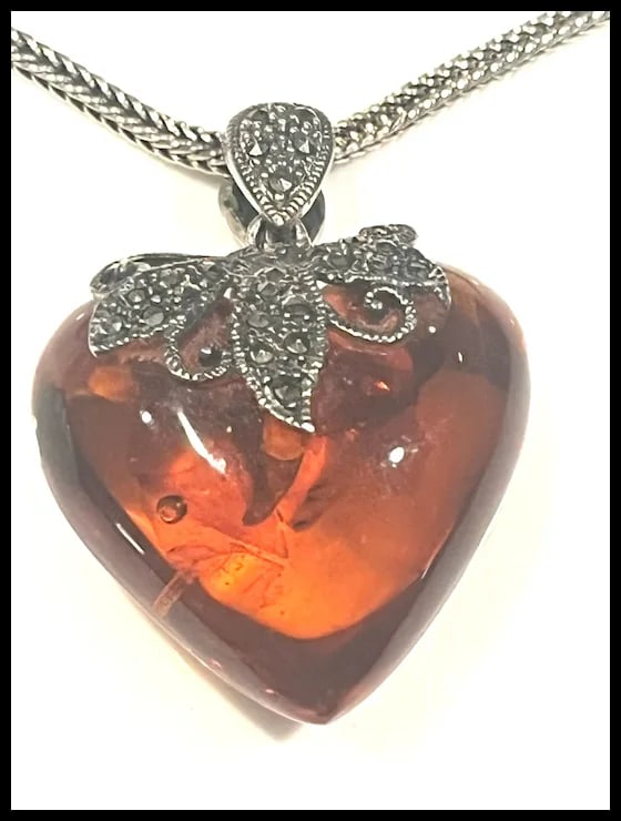 Vintage Sterling Silver Double Sided Marcasite Big Puffy Baltic Amber Heart Pendant/Necklace - 4