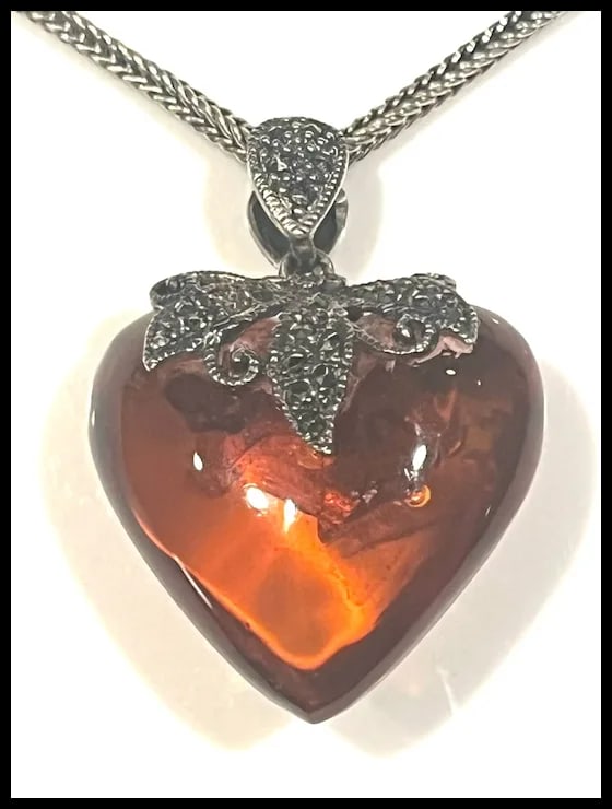 Vintage Sterling Silver Double Sided Marcasite Big Puffy Baltic Amber Heart Pendant/Necklace - 5