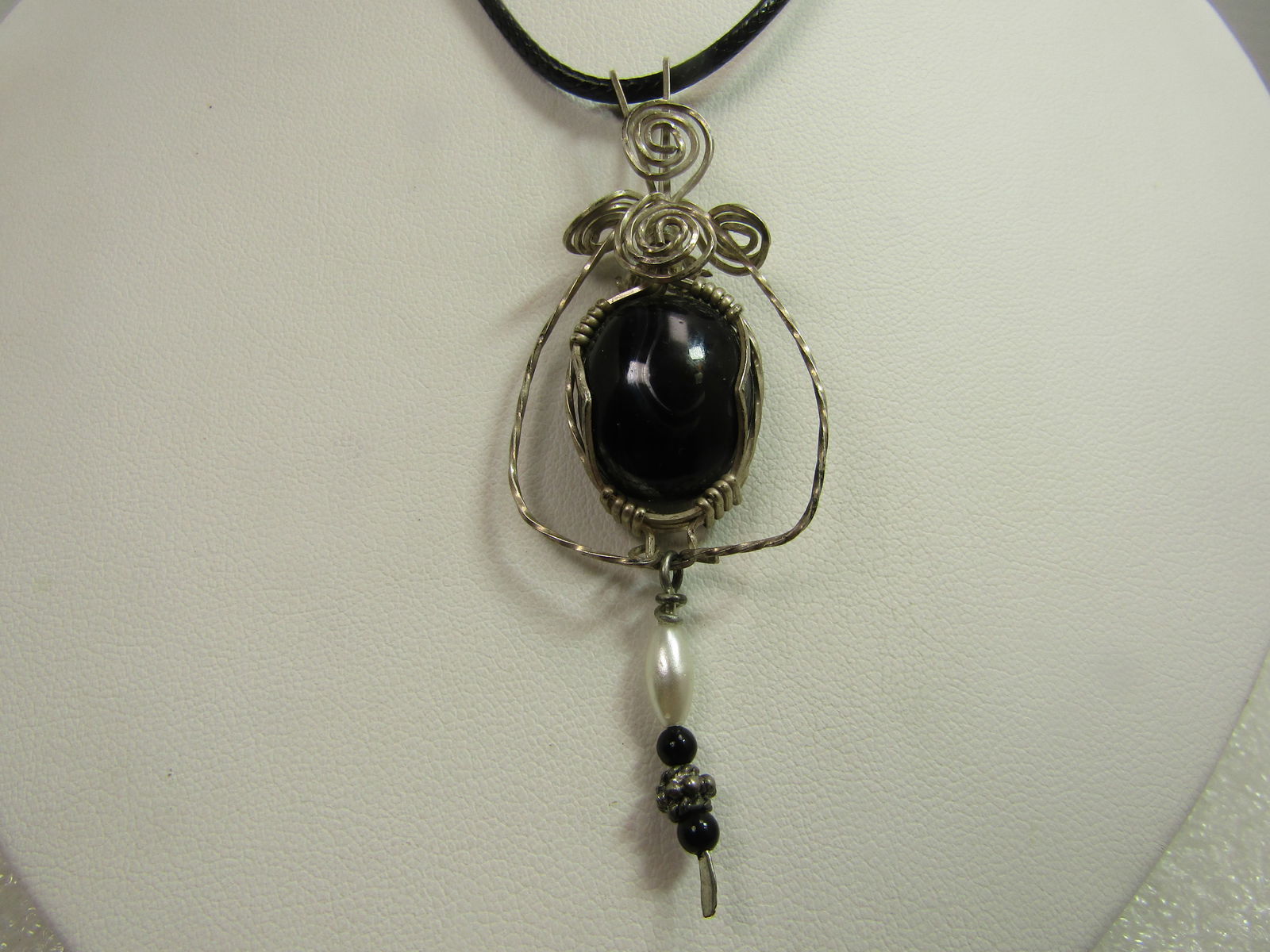 Vintage Sterling Wire Wrapped Black Glass Pendant/Necklace, 18"-20", 1980's-1990's - 5