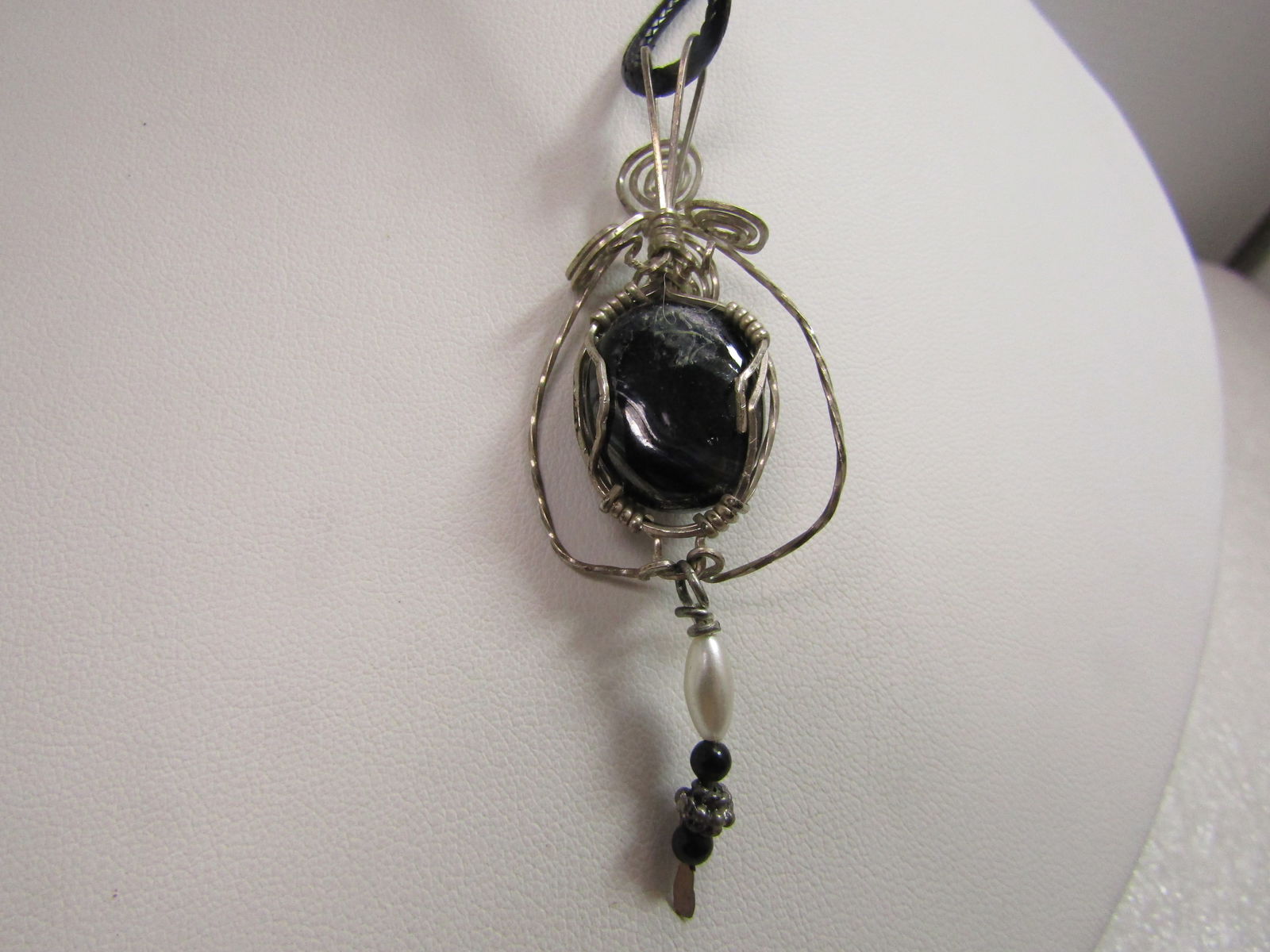Vintage Sterling Wire Wrapped Black Glass Pendant/Necklace, 18"-20", 1980's-1990's - 8