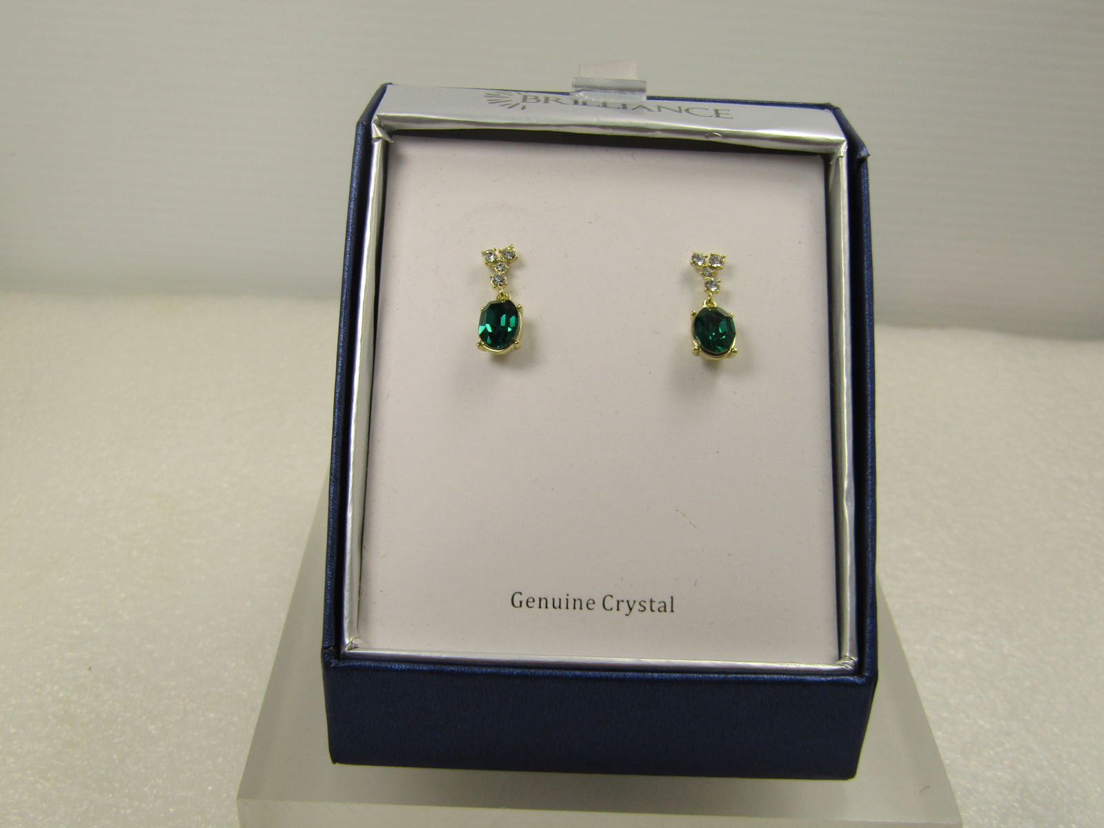 Emerald Green & Clear Crystal Drop Earrings by Brilliance, Original Box, Pierced, 1990's (1 of 6)