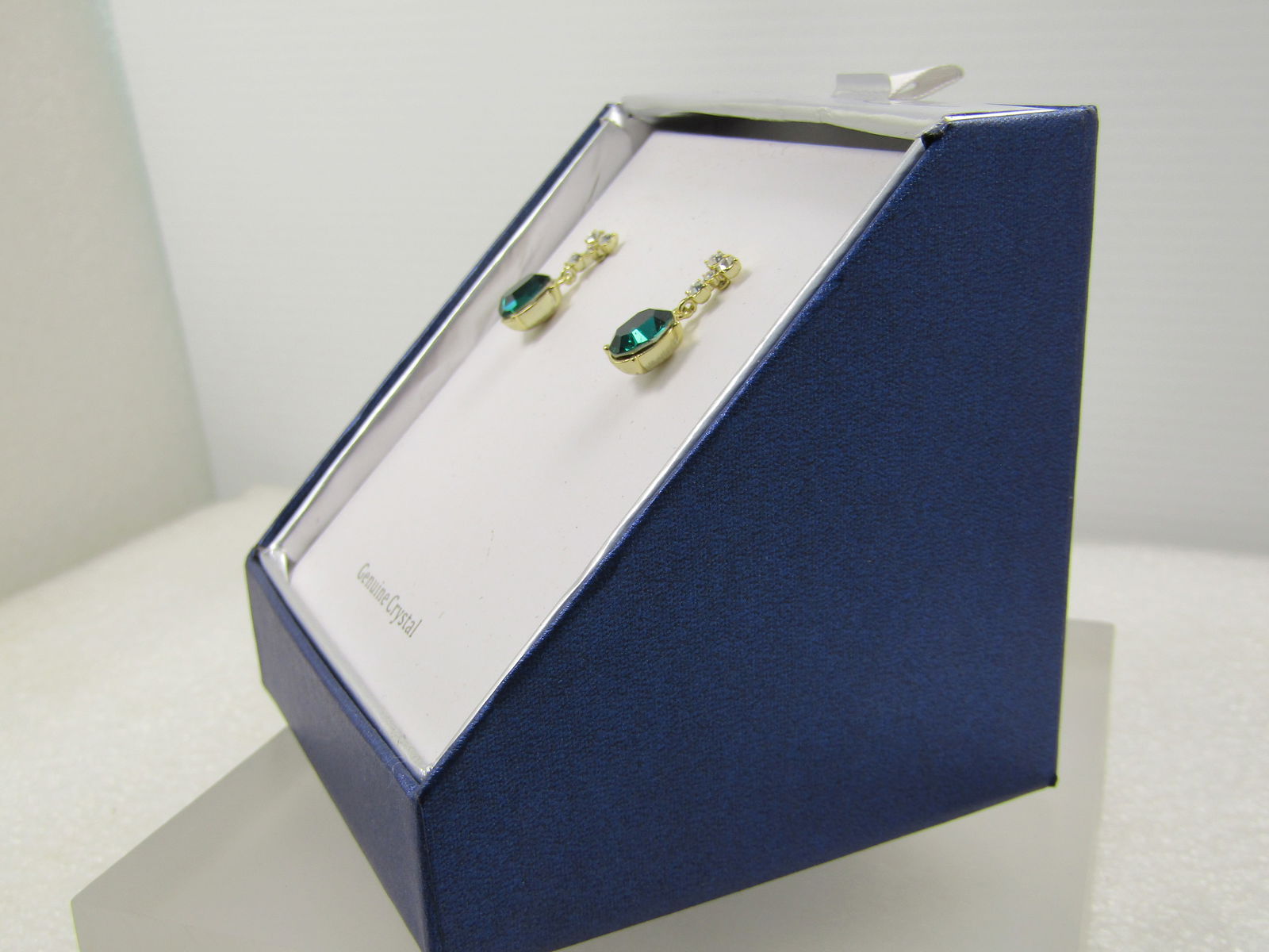 Emerald Green & Clear Crystal Drop Earrings by Brilliance, Original Box, Pierced, 1990's - 2