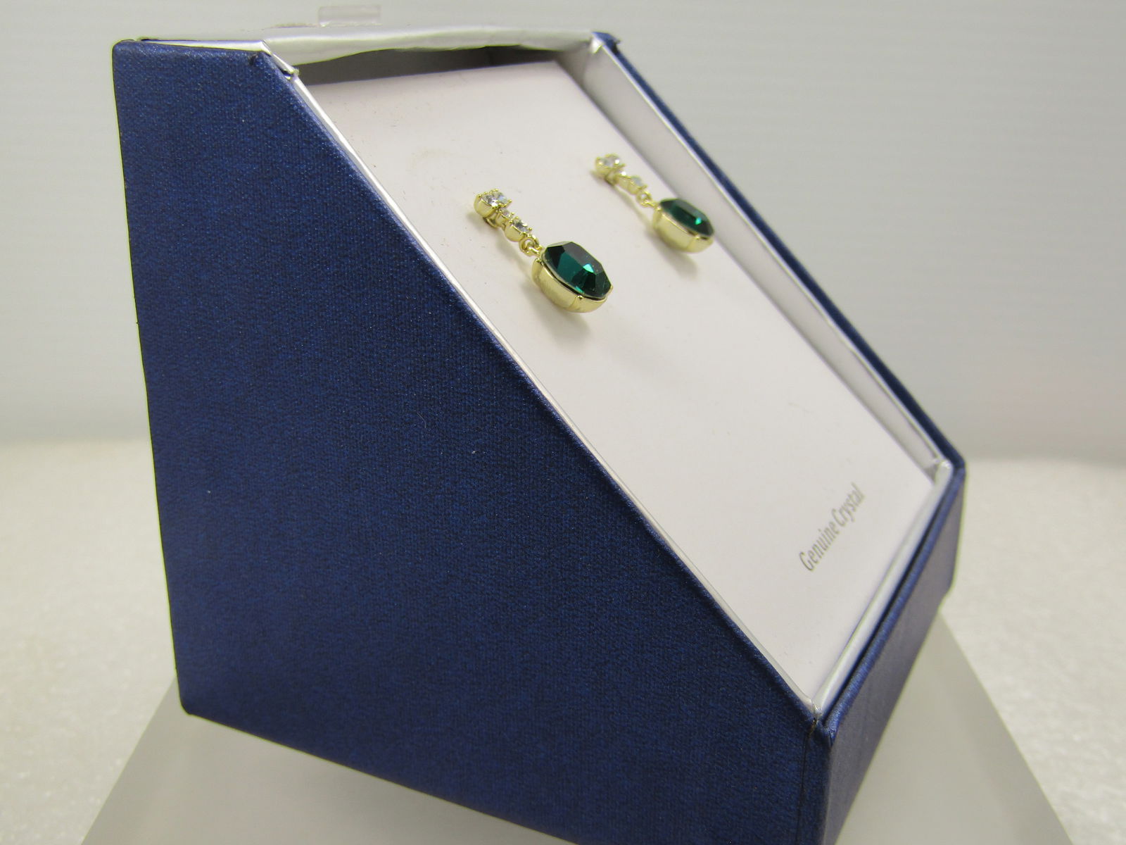 Emerald Green & Clear Crystal Drop Earrings by Brilliance, Original Box, Pierced, 1990's - 3
