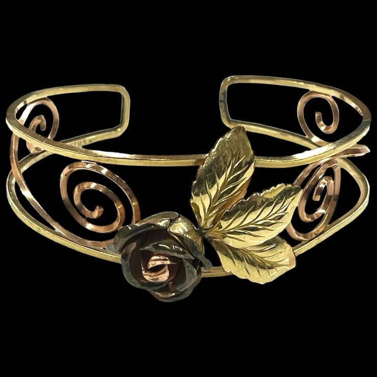 Vintage PROBST USA 12k GF Two-Tone Open Work Cuff Bracelet with Scrolls Leaves & Rose (1 of 6)