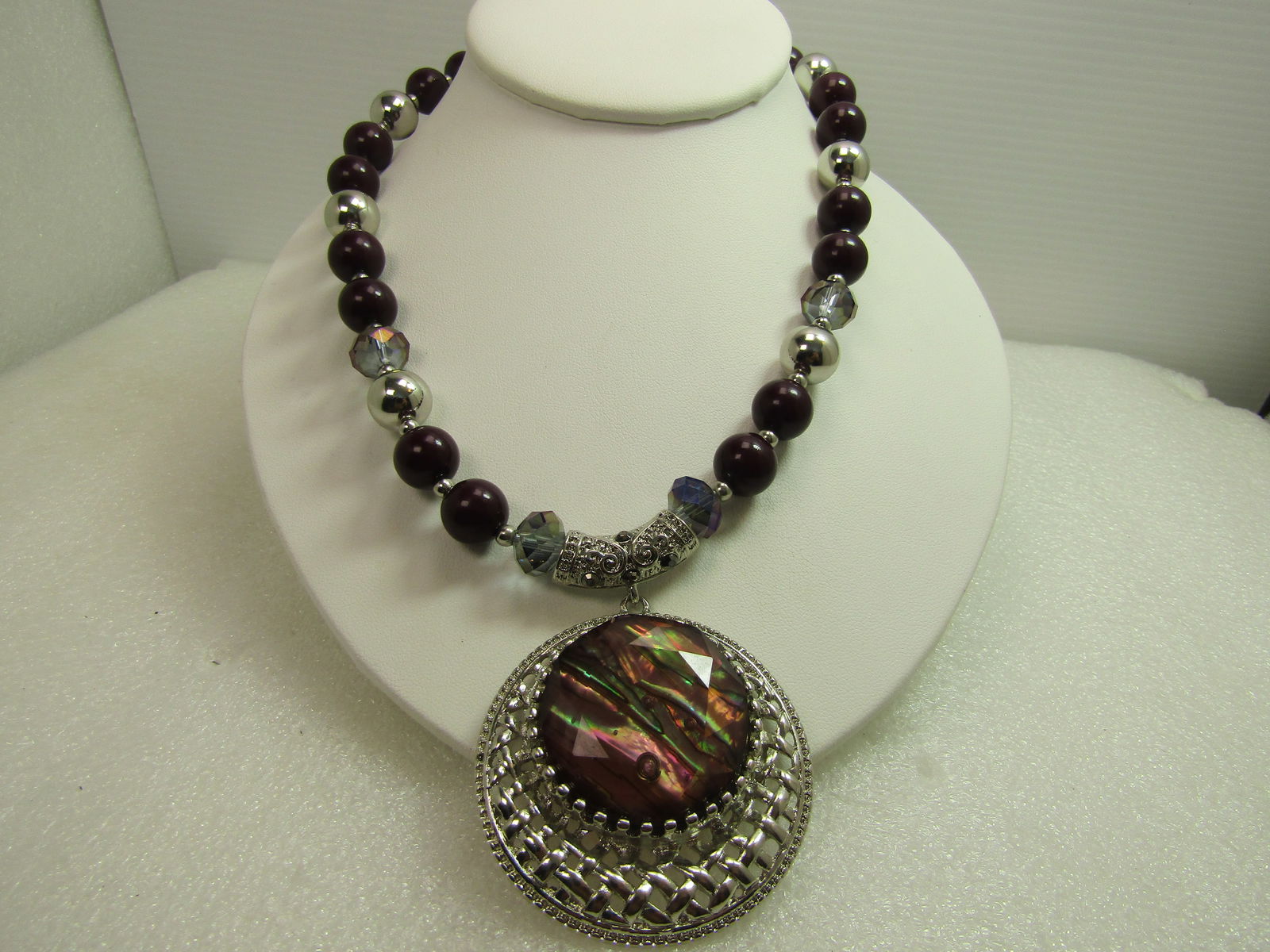 Silver Tone Purple Beaded Necklace. Faux Ablone Pendant, 18"-21" , 1980's-1990's (1 of 6)