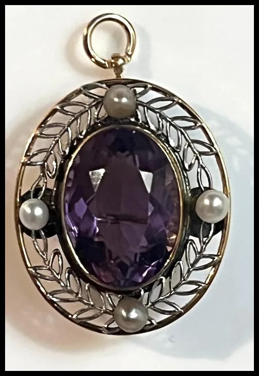 Vintage 14k Two Tone White and Yellow Gold Pendant/ Brooch with Amethyst and Seed Pearls - 2