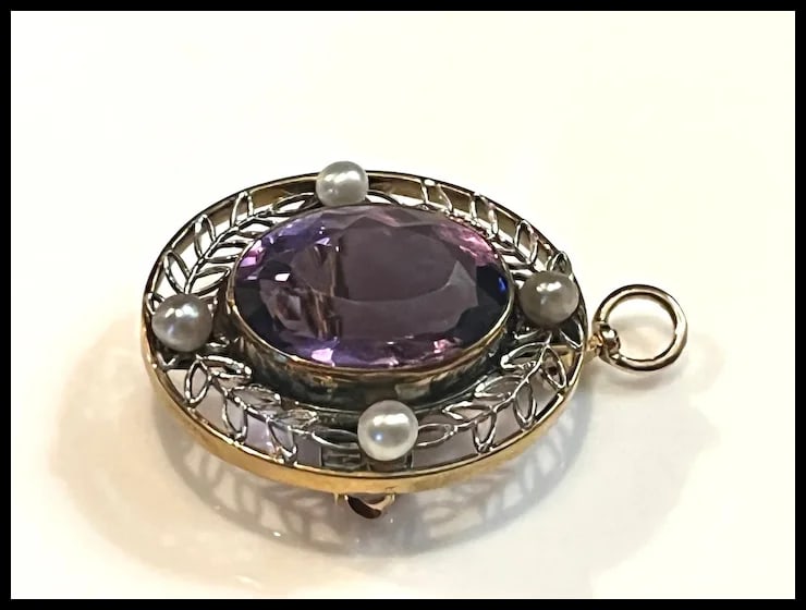 Vintage 14k Two Tone White and Yellow Gold Pendant/ Brooch with Amethyst and Seed Pearls - 3