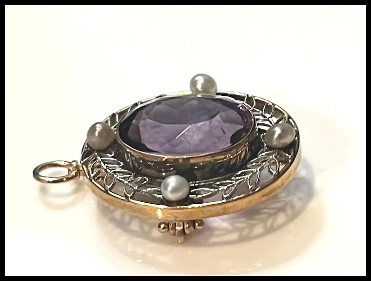 Vintage 14k Two Tone White and Yellow Gold Pendant/ Brooch with Amethyst and Seed Pearls - 5