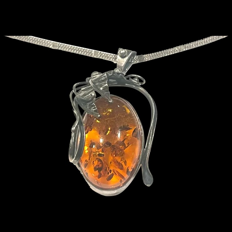 Estate Sterling Silver Large Baltic Amber Pendant on Unusual Sterling Chain/Necklace (1 of 11)
