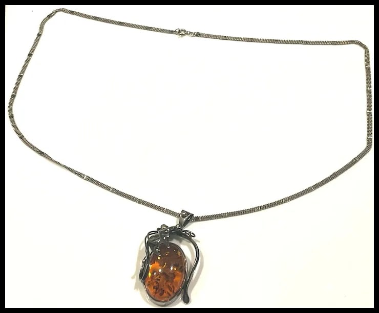Estate Sterling Silver Large Baltic Amber Pendant on Unusual Sterling Chain/Necklace - 3