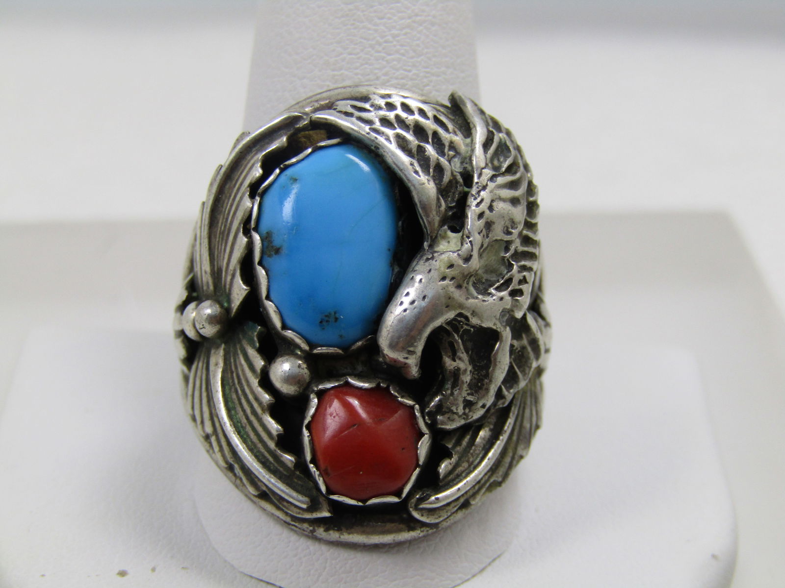 Vintage Sterling Southwestern Coral Turquoise Ring with Eagle, Men's, Size 13.75, 1970's-1980's,: Vintage Sterling Southwestern Coral Turquoise Ring with Eagle, Men's, Size 13.75, 1970's-1980's This is a statement and a half ring - with scalloped bezel set turquoise and coral cabochons. The