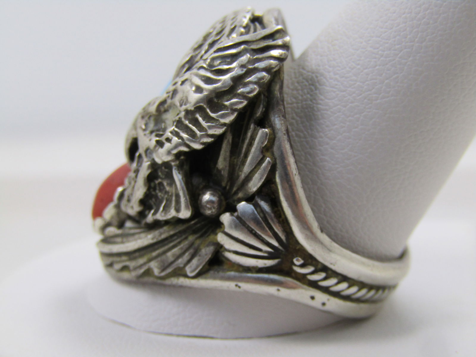 Vintage Sterling Southwestern Coral Turquoise Ring with Eagle, Men's, Size 13.75, 1970's-1980's, - 2