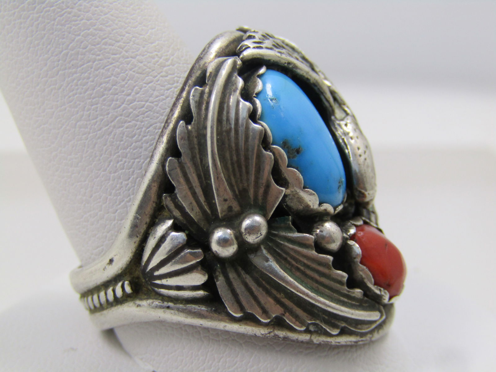 Vintage Sterling Southwestern Coral Turquoise Ring with Eagle, Men's, Size 13.75, 1970's-1980's, - 3