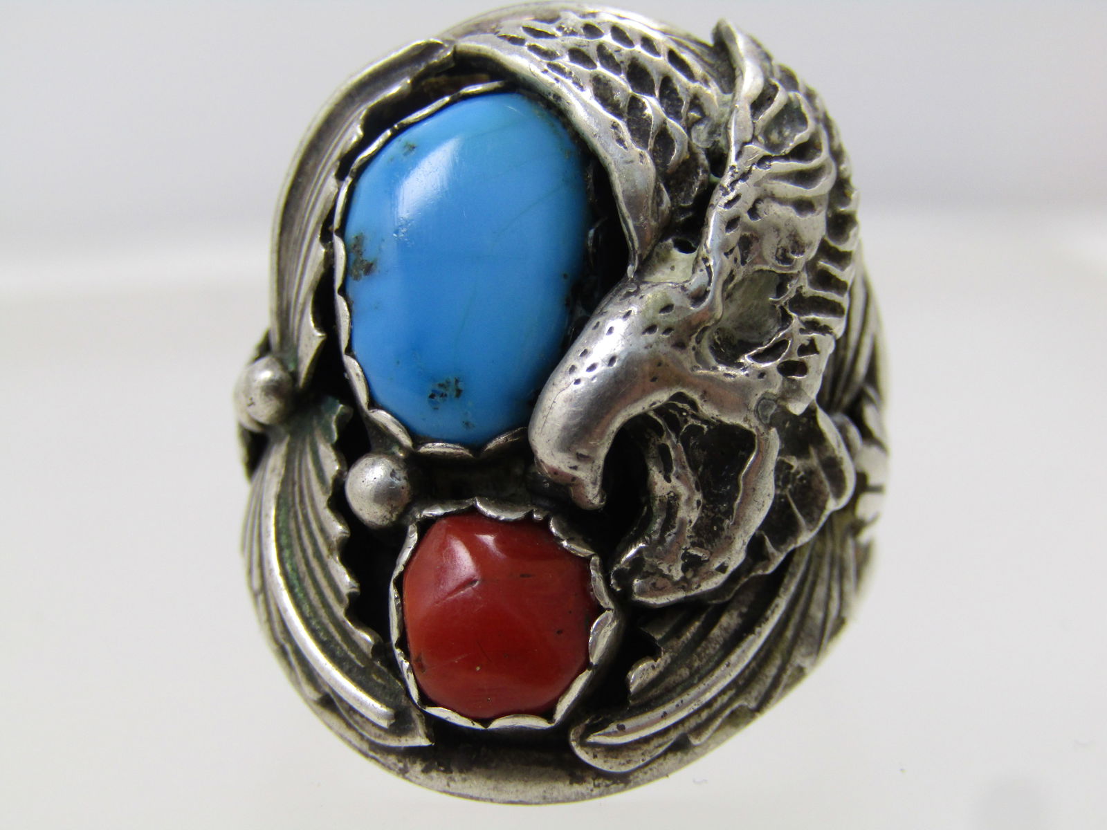 Vintage Sterling Southwestern Coral Turquoise Ring with Eagle, Men's, Size 13.75, 1970's-1980's, - 6