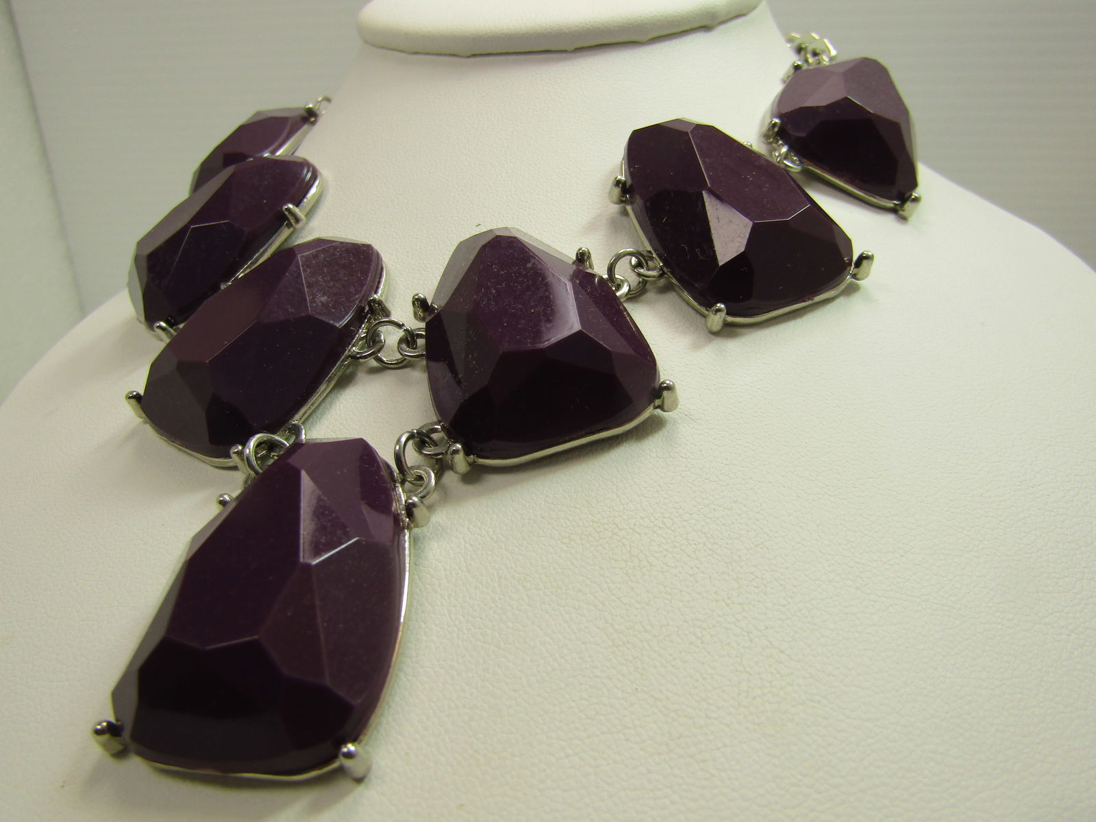 Purple Bib Chunky Necklace, Silver Tone, 19"-22", 1990's/After - 4