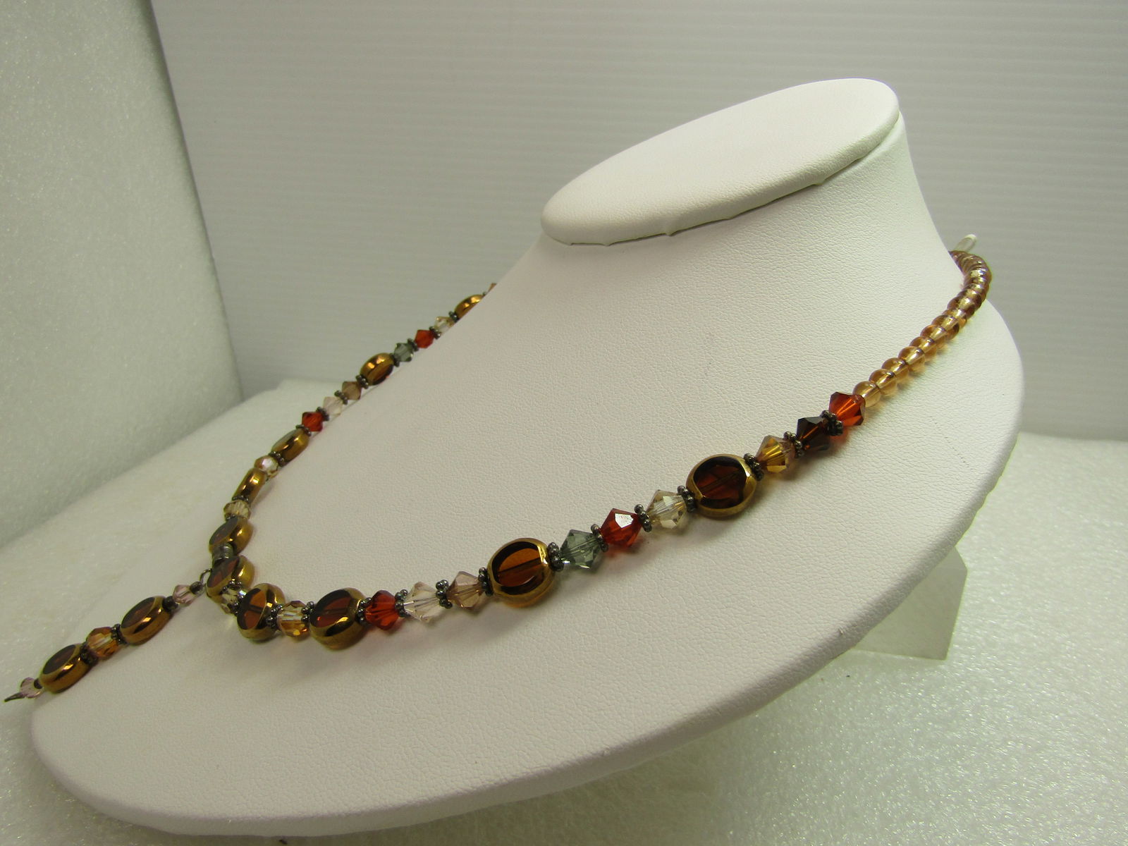 Vintage Brown/Orange Glass Beaded Necklace with Drop. 19", 1980's-1990's - 2
