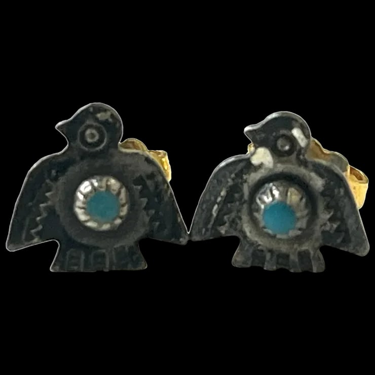 Estate Sterling Silver Zuni Peyote Bird Turquoise 14k Gold Post Earrings (1 of 4)