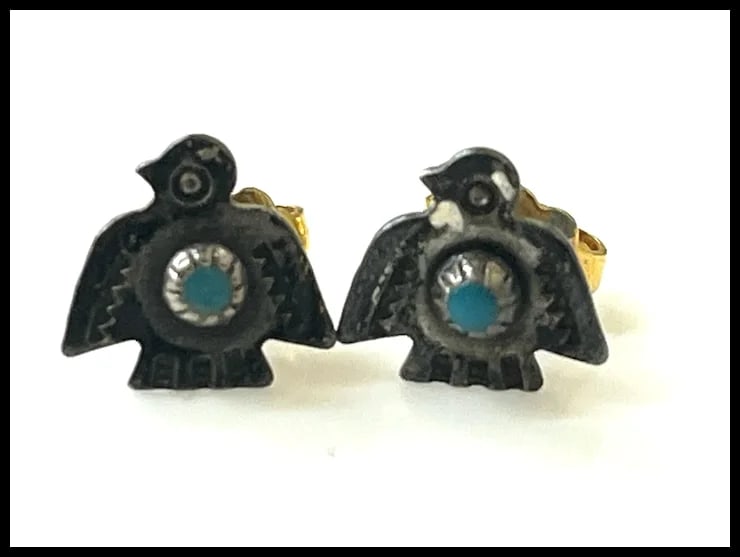 Estate Sterling Silver Zuni Peyote Bird Turquoise 14k Gold Post Earrings - 2