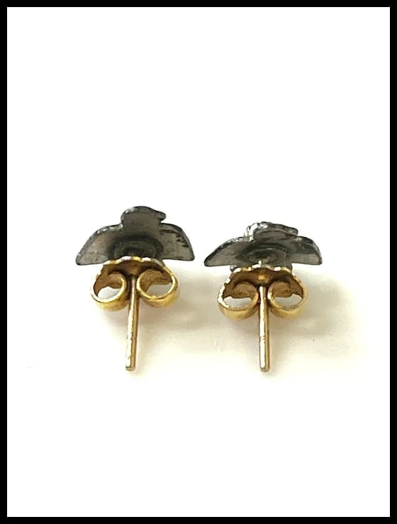 Estate Sterling Silver Zuni Peyote Bird Turquoise 14k Gold Post Earrings - 3