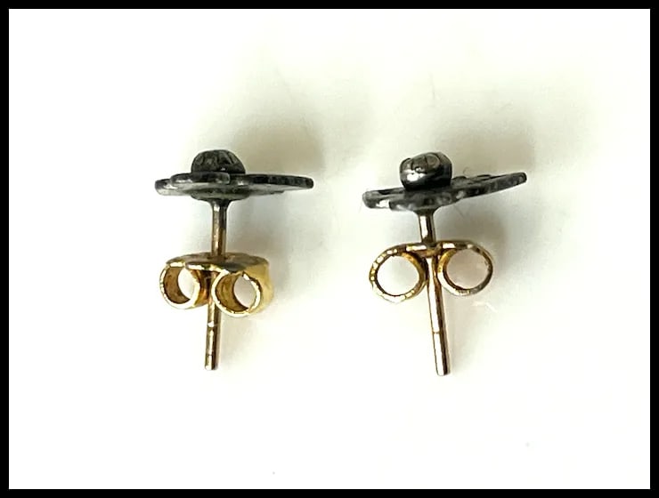 Estate Sterling Silver Zuni Peyote Bird Turquoise 14k Gold Post Earrings - 4