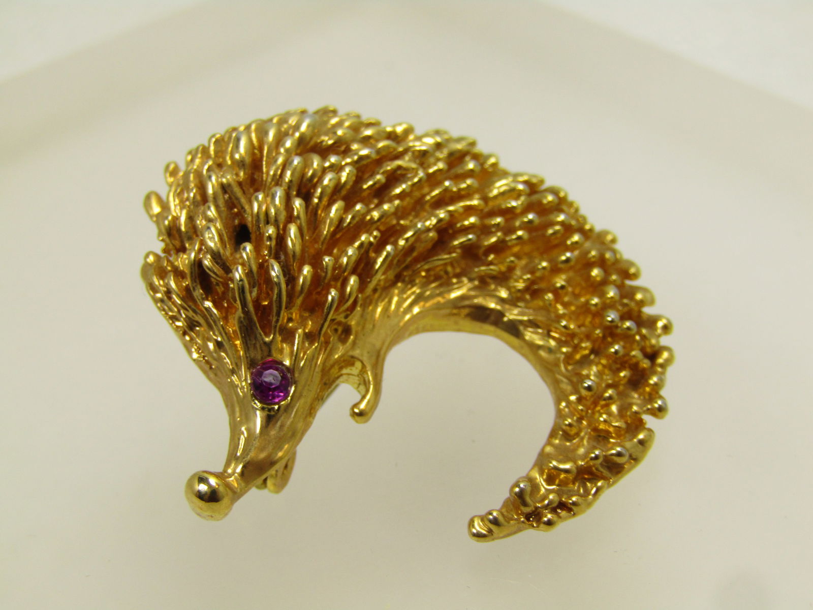 Vintage Hedgehog Brooch, Rhinestone Eye, 1980's - 5
