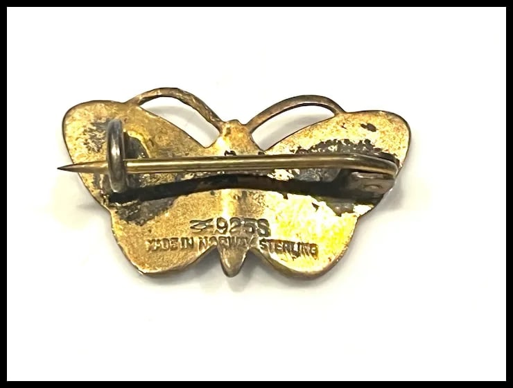 Vintage Enamel Gold Wash Sterling Silver Butterfuly BroochSigned Norway - 3