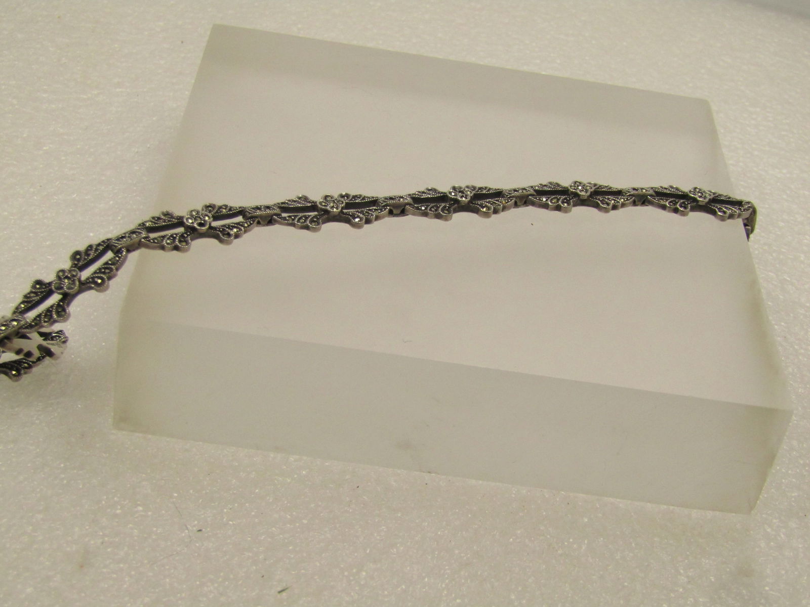 Vintage Sterling Marcasite Open Link Bracelet, 7", Blossom Accents , Signed, 1940's - 2